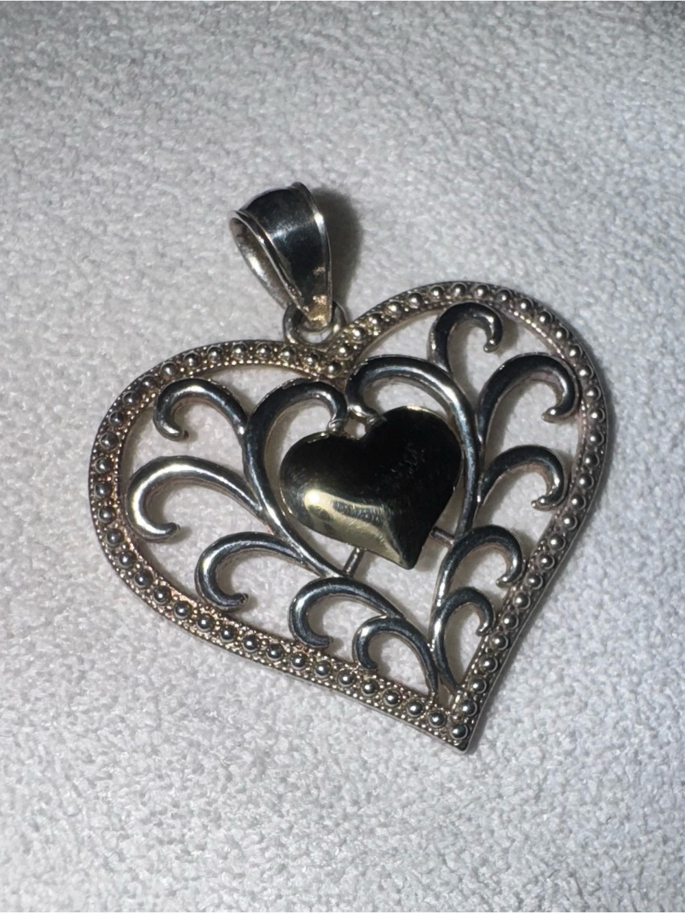 Vintage 2 Tone 10k Yellow Gold & Sterling Marcasite Heart Shaped Pendant